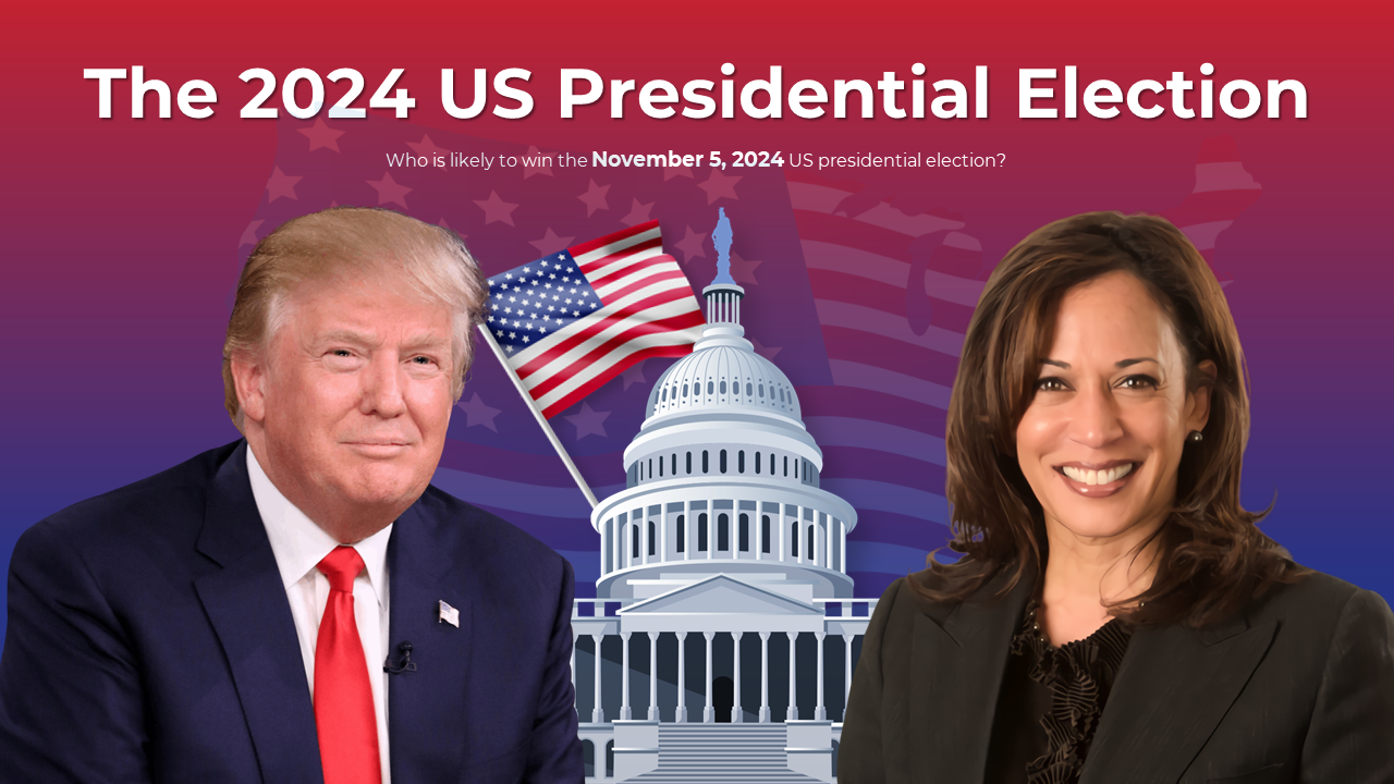 A detailed slide deck outlining the key candidates for the 2024 US presidential election with different layout designs.