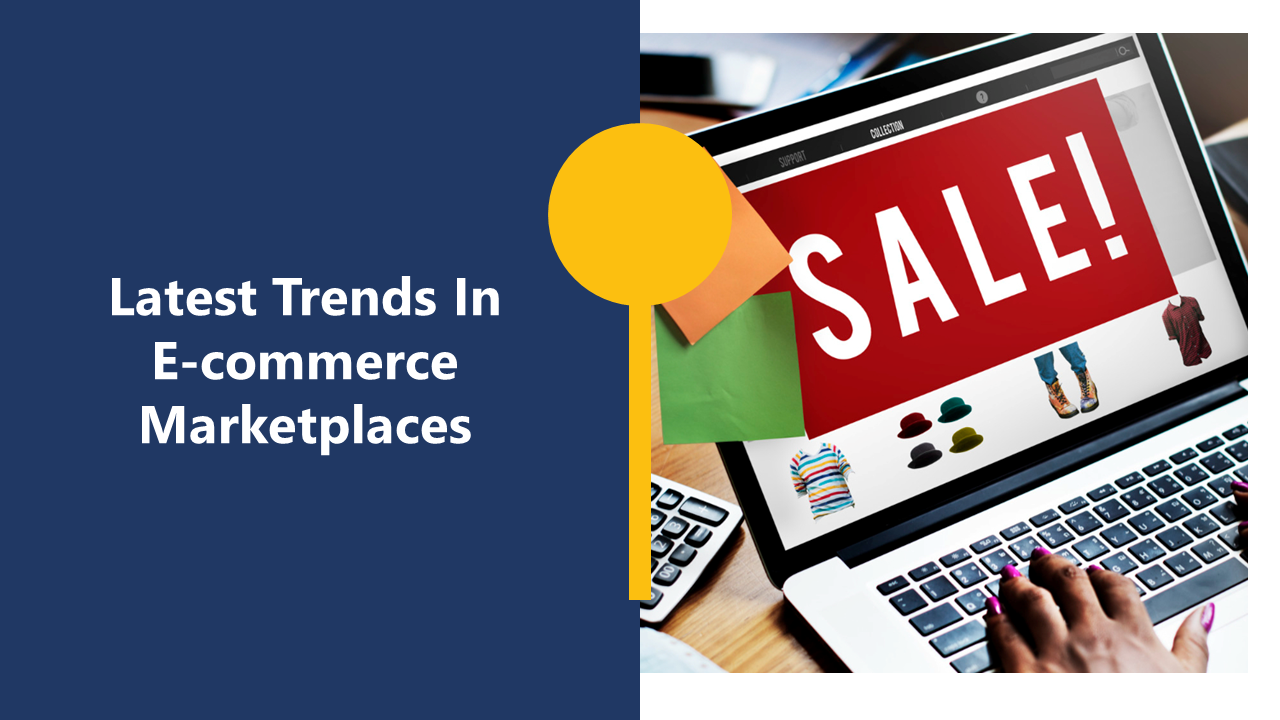 E-commerce trends slide pack with a modern layout in blue and yellow, discussing integration, advancements, and strategies.