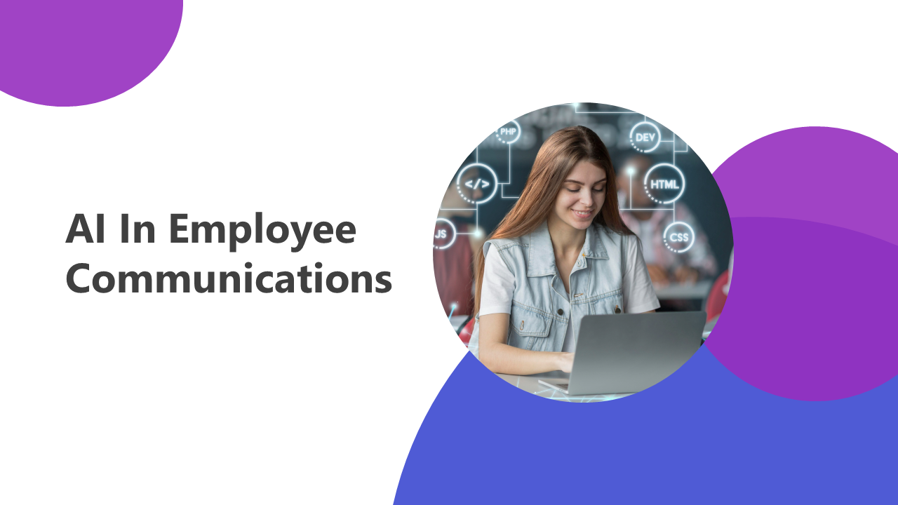 AI in employee communications slides featuring clean layouts with purple and white curved shapes and various visuals.