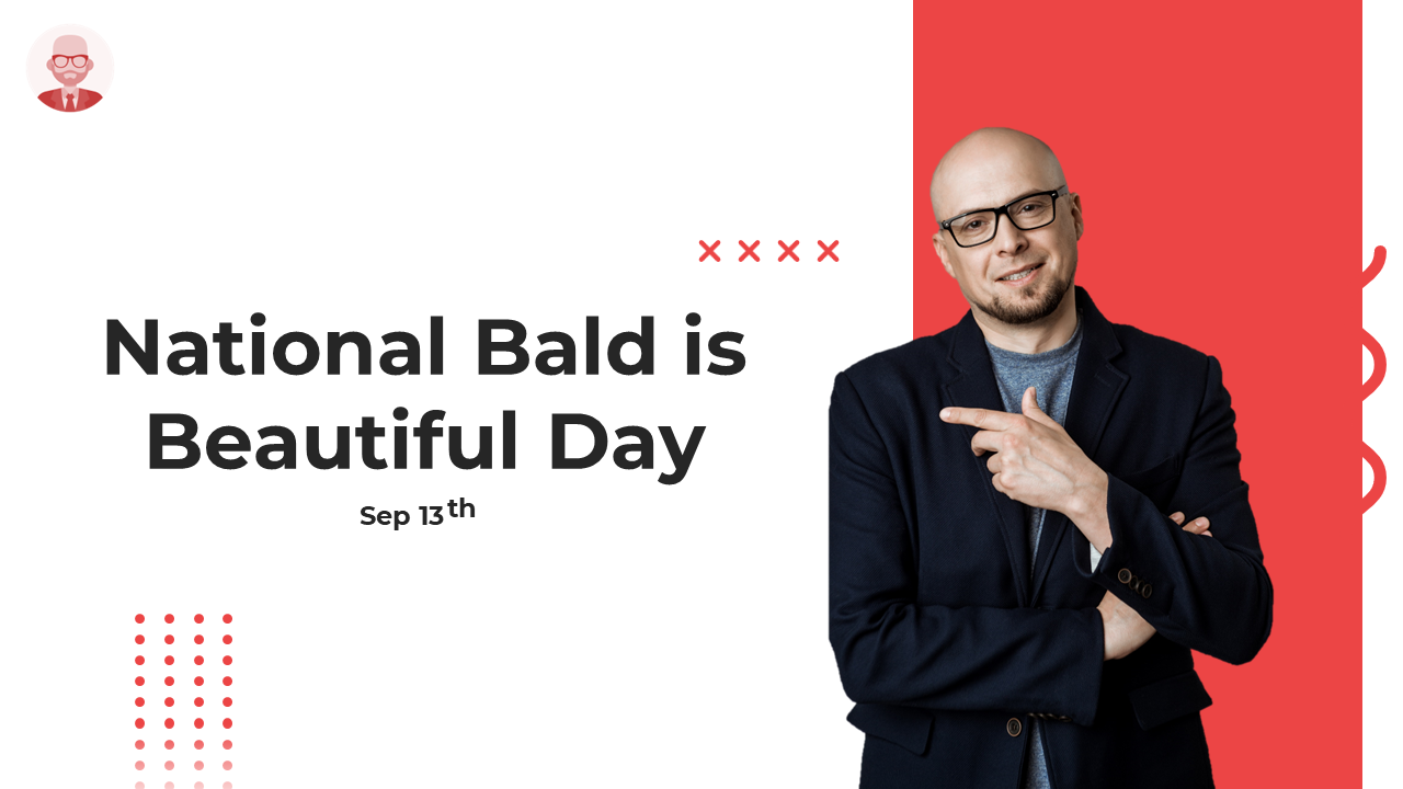 National bald is beautiful day slides featuring a bald man in a blazer with multiple subtopics.