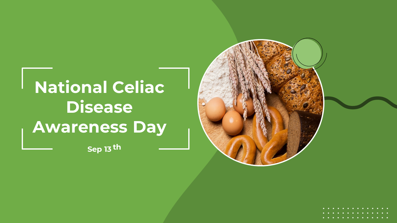 National celiac disease awareness day slides with green elements, discussing symptoms, diagnosis, and impact on patients.