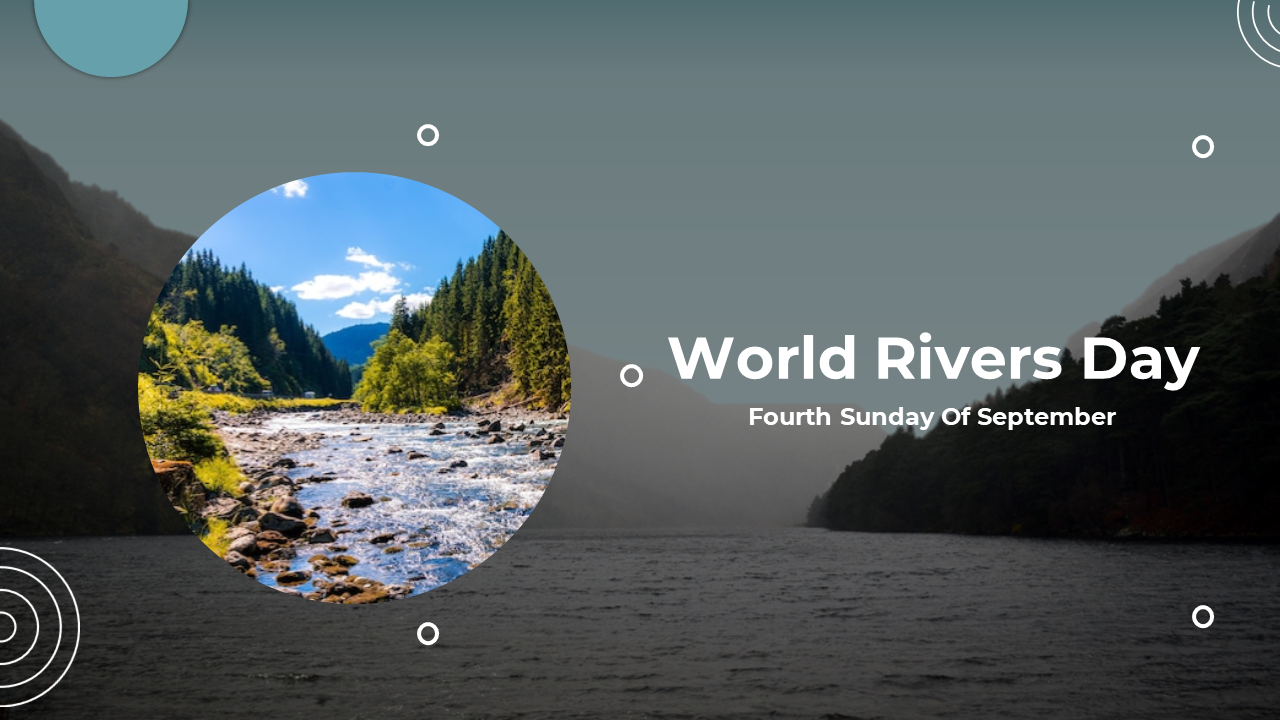 World rivers day slide deck featuring a circular photo of a river flowing through a forest with mountains in the background.