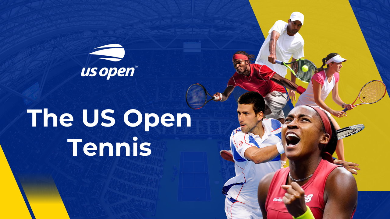 US open tennis slide deck cover with images of players and slide previews on schedule, history, and champions.