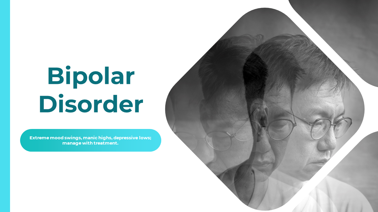 Bipolar disorder slide deck with images of distressed people, explaining symptoms and treatment, in turquoise accents.