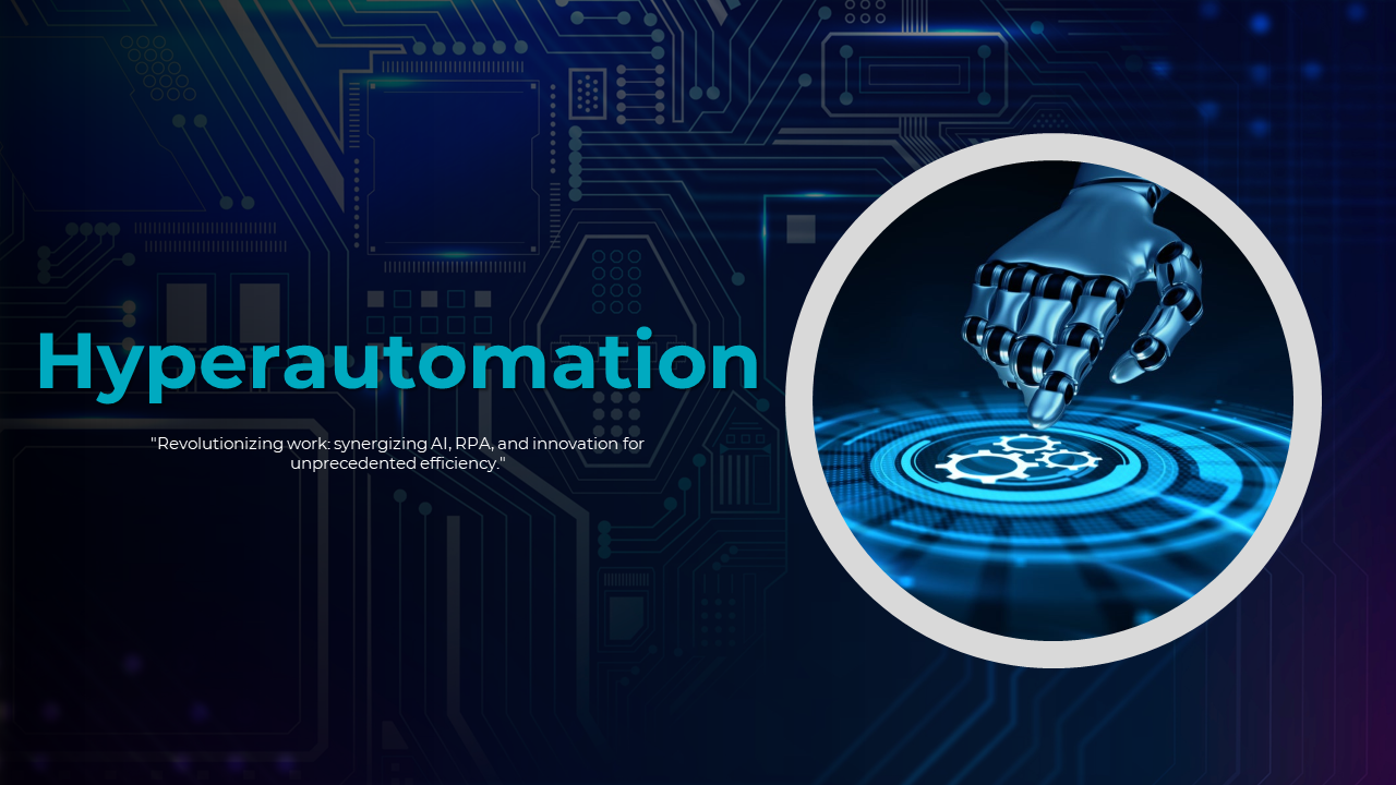 Hyperautomation themed slides showcasing a robotic hand and digital graphics in blue and teal color schemes.