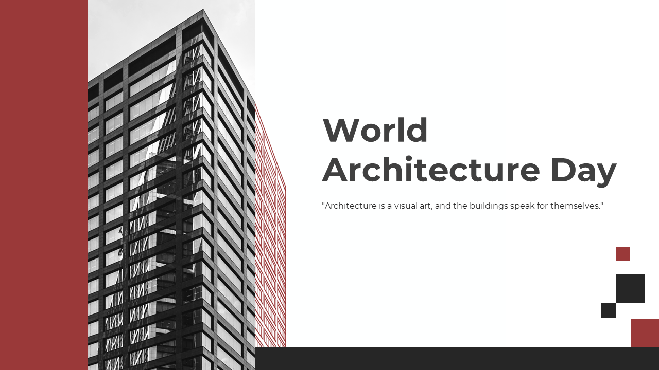 Slide deck featuring images of buildings, architecture styles, innovation, and notable structures, in red accents.