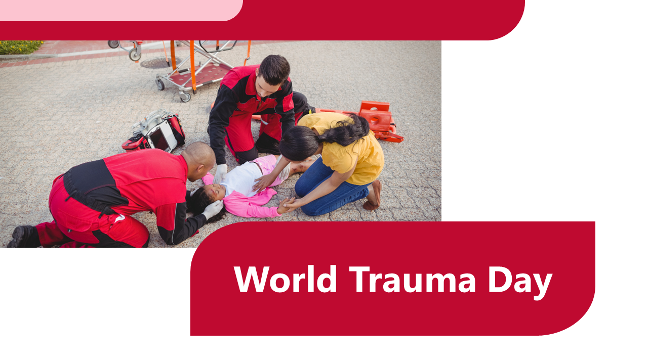 Cover slide deck for trauma with emergency scene image, red and white design, and placeholders texts.