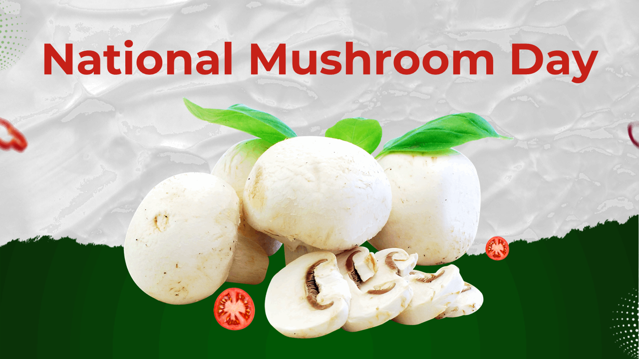 National mushroom day slide deck with sections on types, health benefits, and culinary uses, in green and white design.