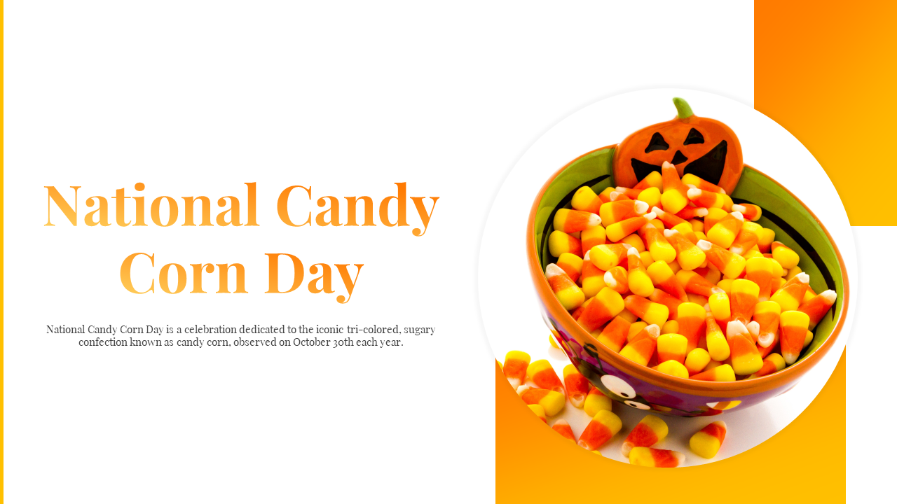 Yellow themed slide deck with candy corn images in bowls and scattered layouts, with text sections and fun facts.