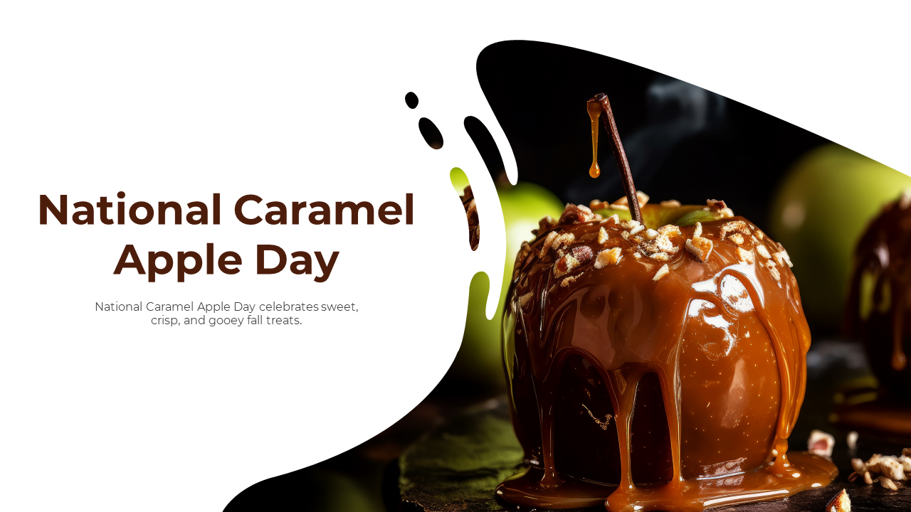 Slide deck with brown accents showcasing images of caramel apples, various topping ideas, and dessert ideas.