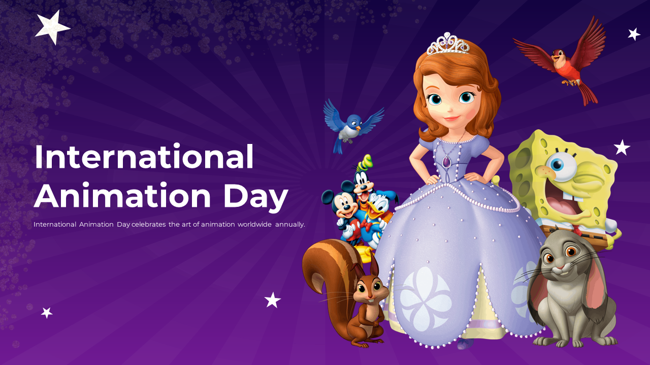 Purple themed slides highlighting International Animation day with famous characters and relevant topics.