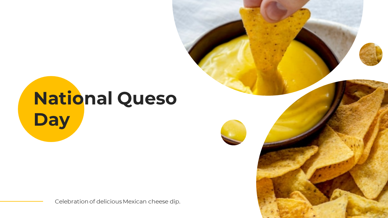 Yellow and white themed slide pack with images of queso and tortilla chips, highlighting history, preparation, and types.