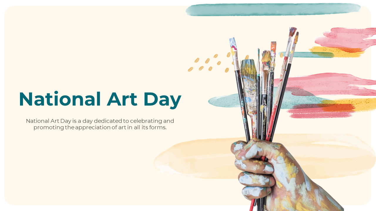 National art day slide deck with a cover image showing a painted hand holding paintbrushes against a watercolor background.