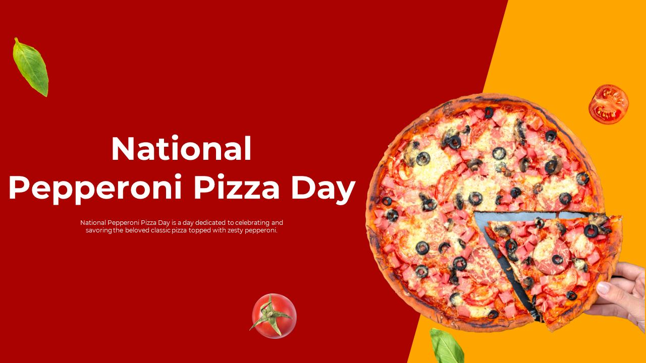 Slide deck featuring images of pepperoni pizza with sliced pieces, against a red and yellow background design.