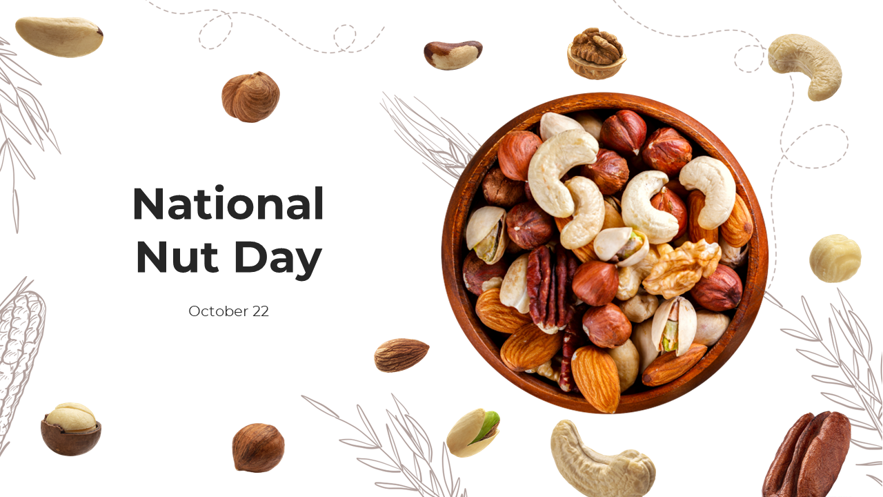 Slide deck with red and white theme featuring bowl of mixed nuts, covering health benefits, types, and environmental impact.