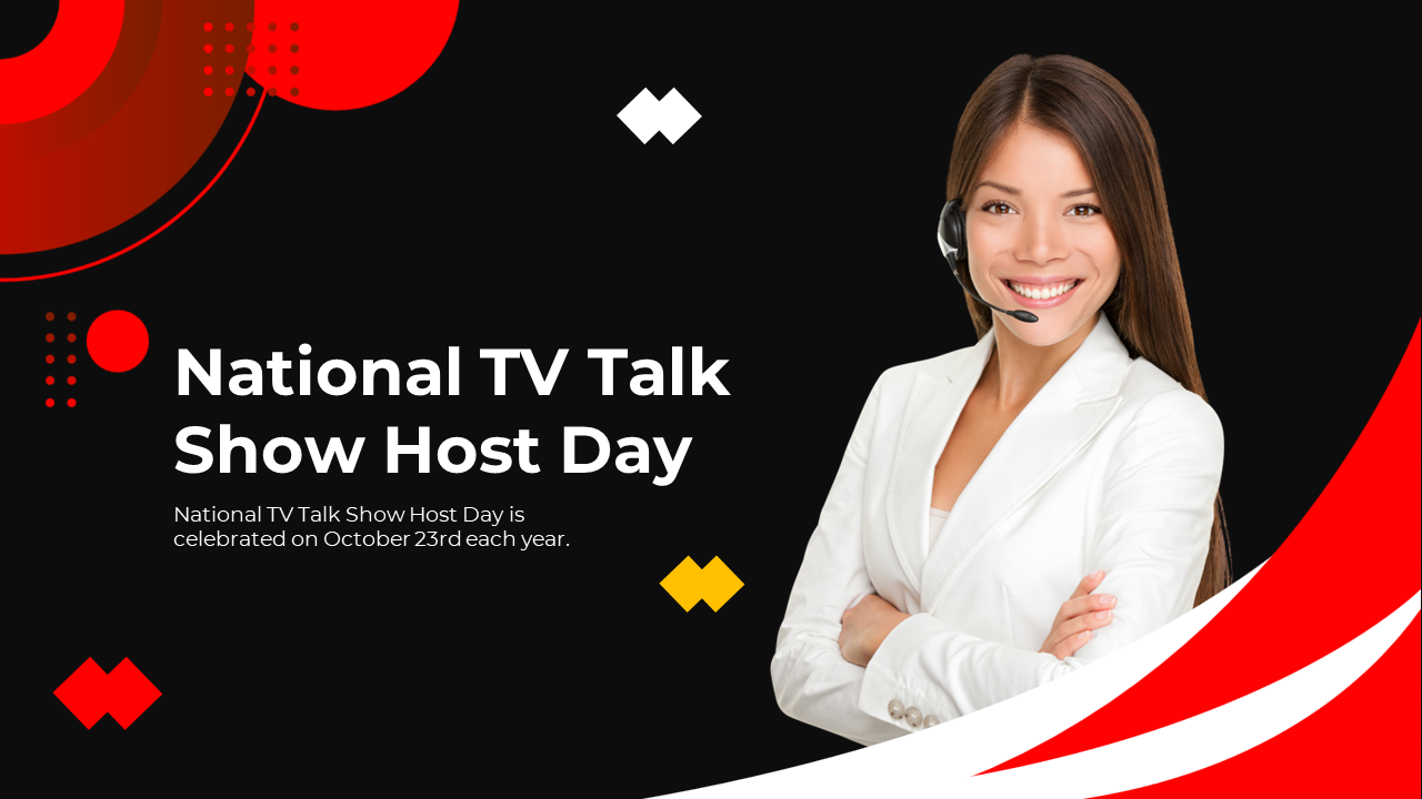 A dynamic slide deck with a black, red, and yellow color scheme, featuring various images of national Tv talk show hosts.