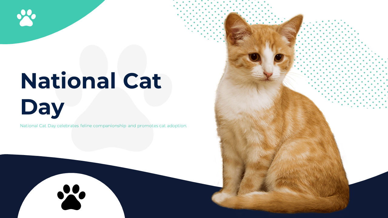 National cat day slide deck covering topics like cat history, health, care, adoption, and the human-cat bond.