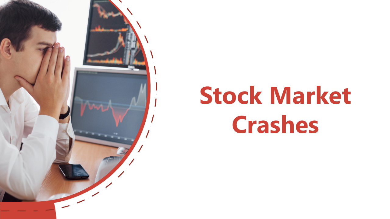 Red and white slide deck on stock market crashes, with circular images and sections on causes, impact, and recovery.