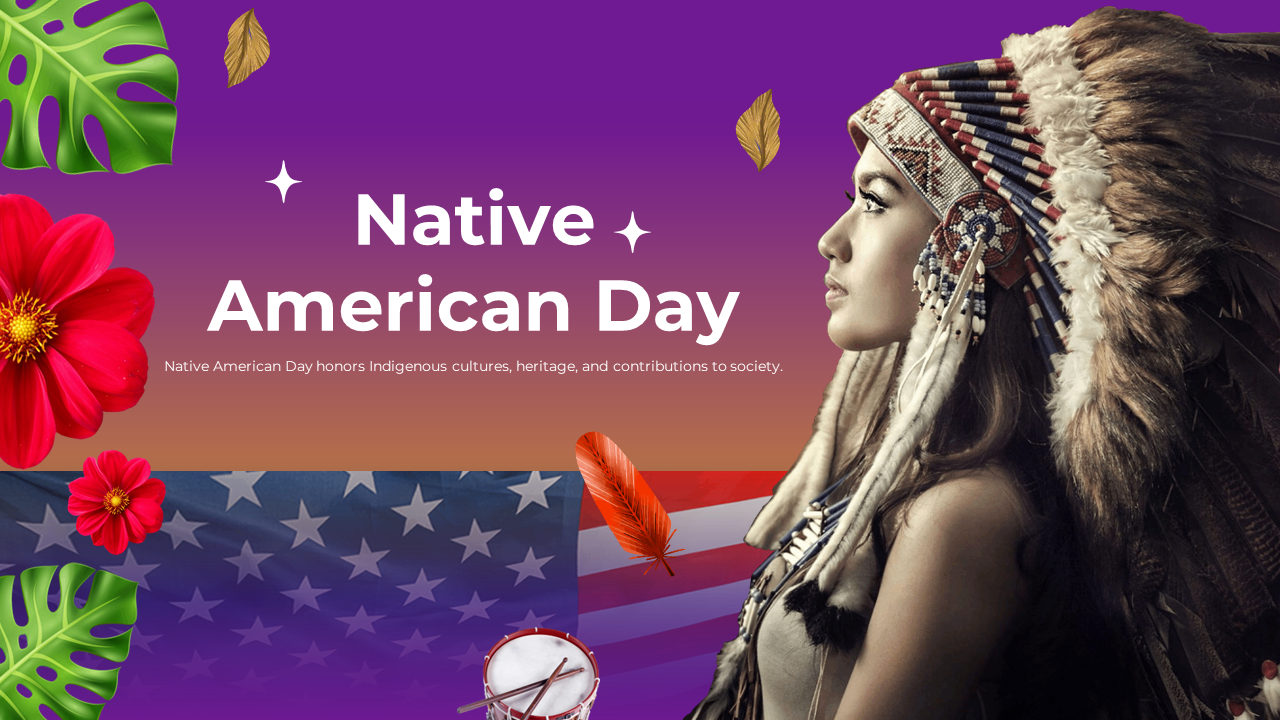 Native american day slides highlighting various related topics and images with text descriptions.