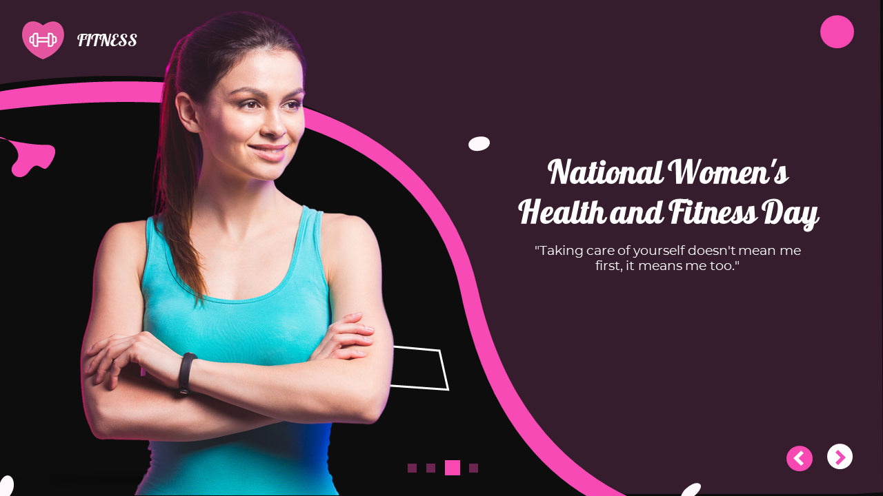 Fitness themed slide deck with purple and pink elements, showcasing women exercises and mental health.