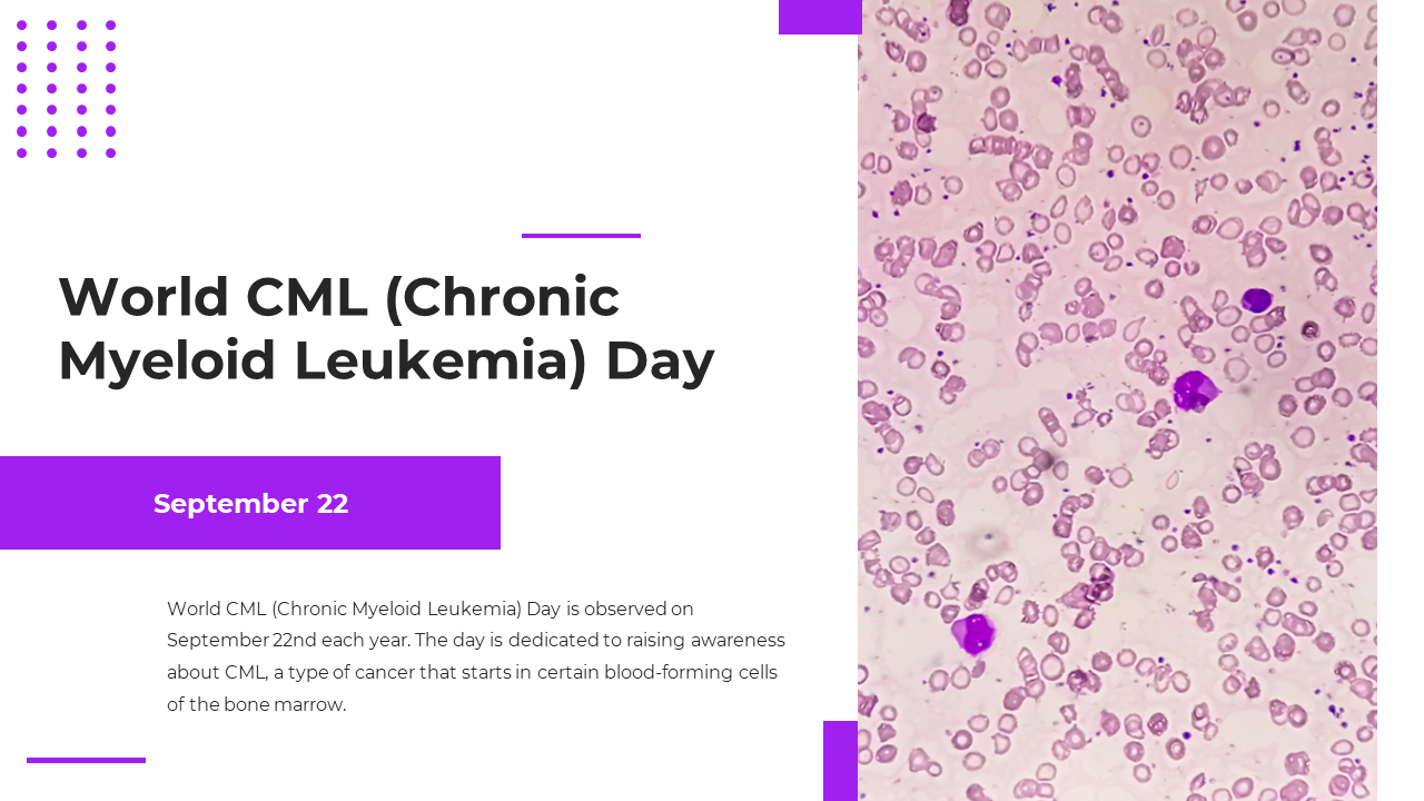 World CML Day slide deck with a close-up of blood cells on the right and text information on the left, accented in purple.