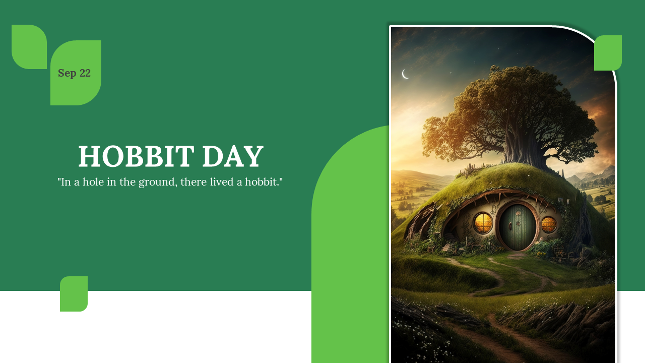 A pack of green themed hobbit day slides covering the origins, activities, and customs associated with hobbit culture.