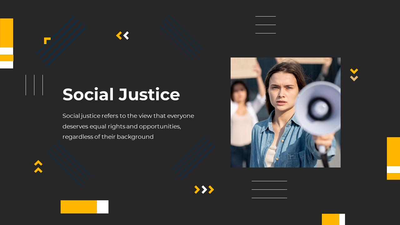 Social justice slide deck with a young person holding a megaphone on the right and description text on a dark background.