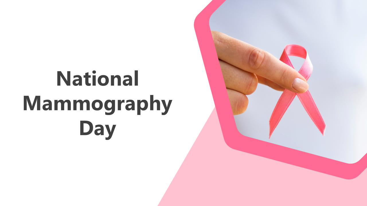 Slide deck on national mammography day, featuring pink ribbons and sections on mammograms, guidelines, and support.