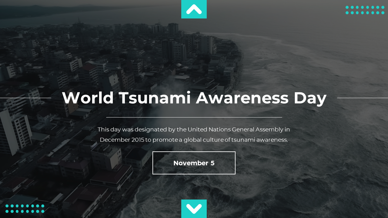 World Tsunami Awareness day slides with ocean wave imagery, covering the causes, preparedness, and impact of tsunamis.