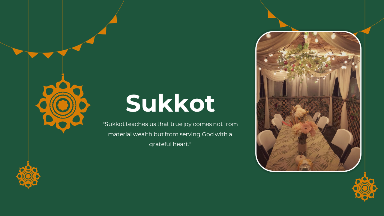 Green and orange Sukkot themed slide deck with images of decorated sukkahs, covering history, customs, and community.