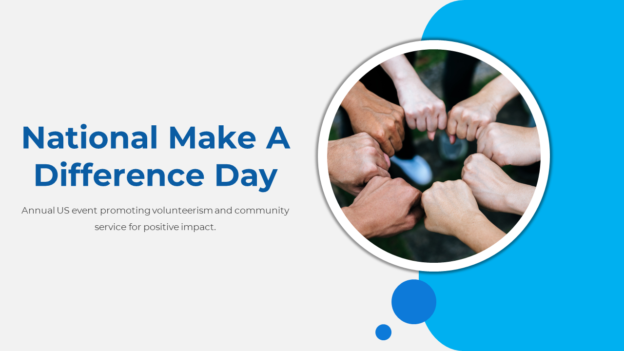 National make a difference day slide deck featuring a image of hands forming a group fist bump, highlighting themes of unity.