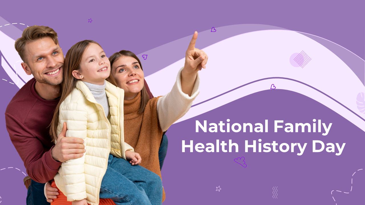 National family health history day slide deck featuring a happy family of three, with a mother pointing, and event details.