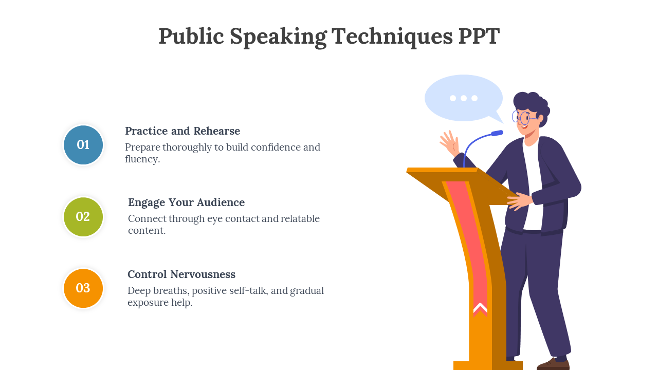 Slide deck showcasing public speaking techniques with icons and diagrams, with illustrations of podiums and speakers.