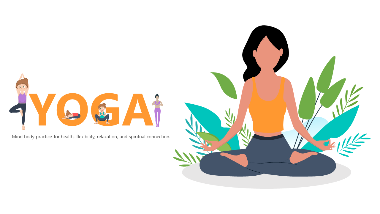 Slide deck with detailed sections on various yoga practices, including poses and benefits, using bright illustrations.