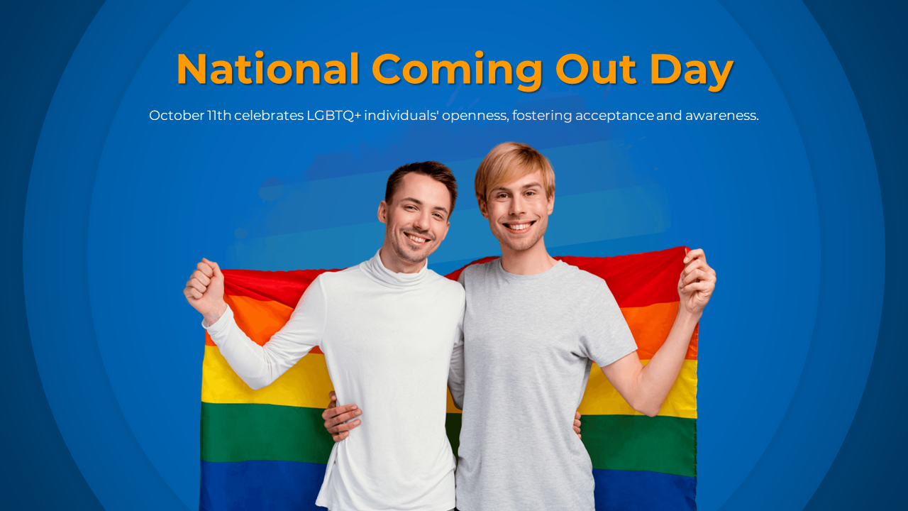 National coming out day slides featuring blue color theme, focusing images of pride flags and text on identity and support.