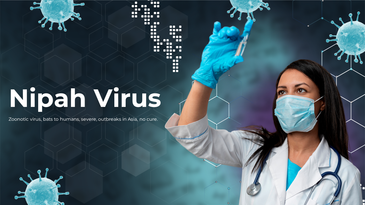 Teal themed slide deck with images of healthcare professionals, illustrations, and sections on Nipah virus symptoms.