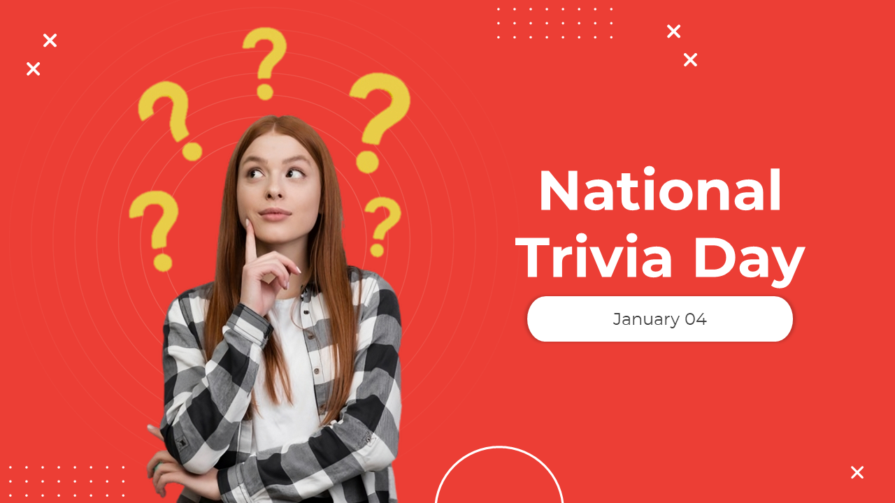 Slides introducing National Trivia day featuring a woman thinking with question marks around her cover many related topics.