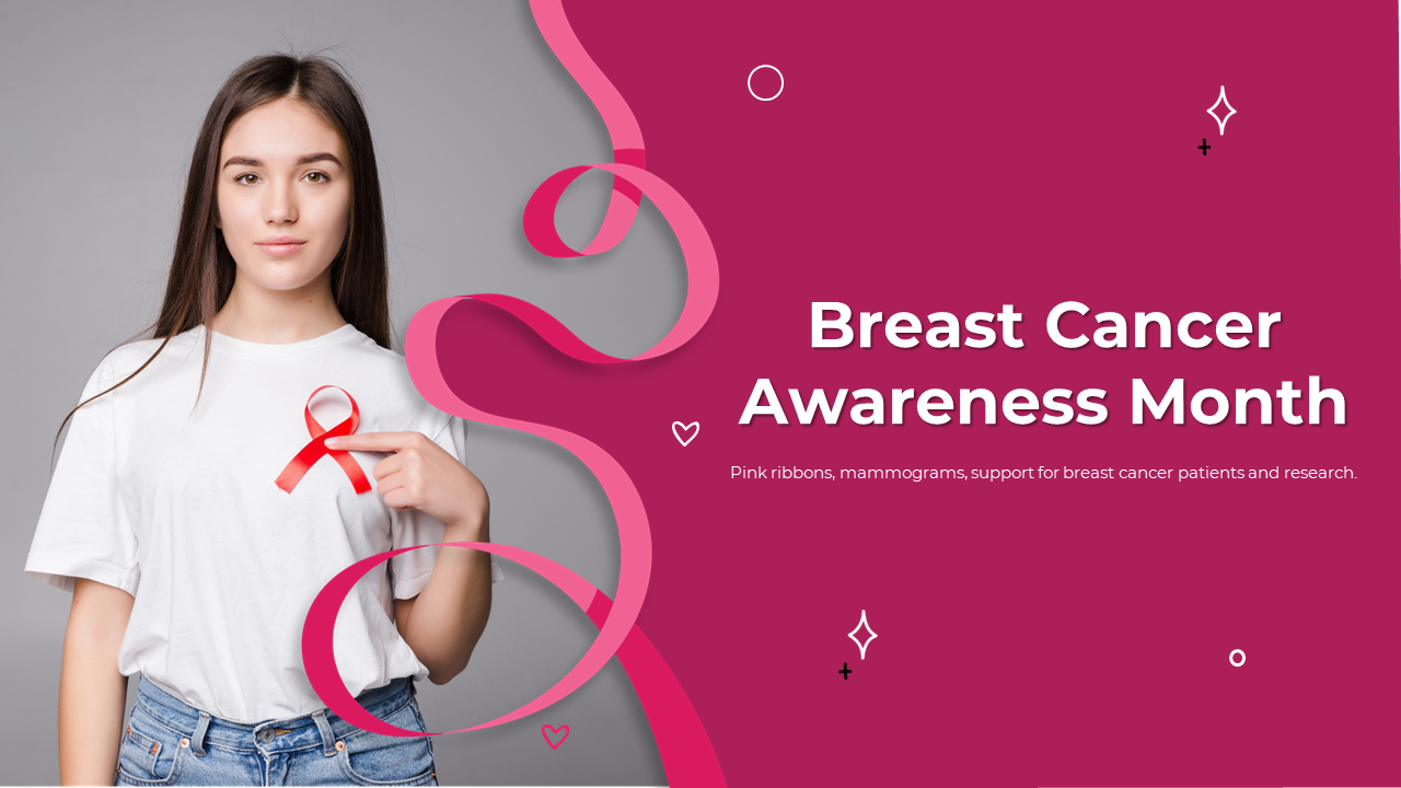 Slide deck for breast cancer awareness month, showing a woman with a pink ribbon and event information on a pink background.