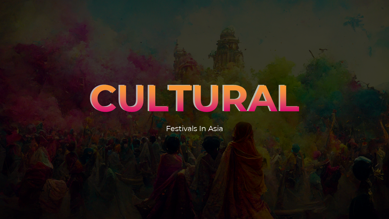 Slide deck featuring cultural festivals in Asia with images and descriptions of events in Taiwan, Thailand, and India.