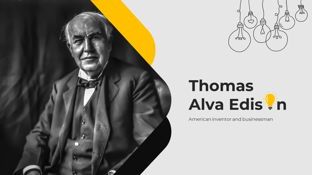 A pack of Thomas Alva Edison slides, highlighting his early life, inventions, business ventures, and legacy.