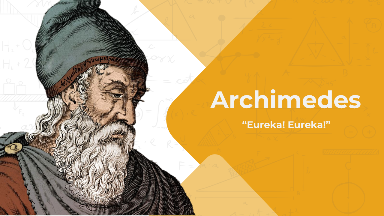 Slide deck with yellow accents detailing Archimedes life, achievements in mathematics, physics, and his inventions.