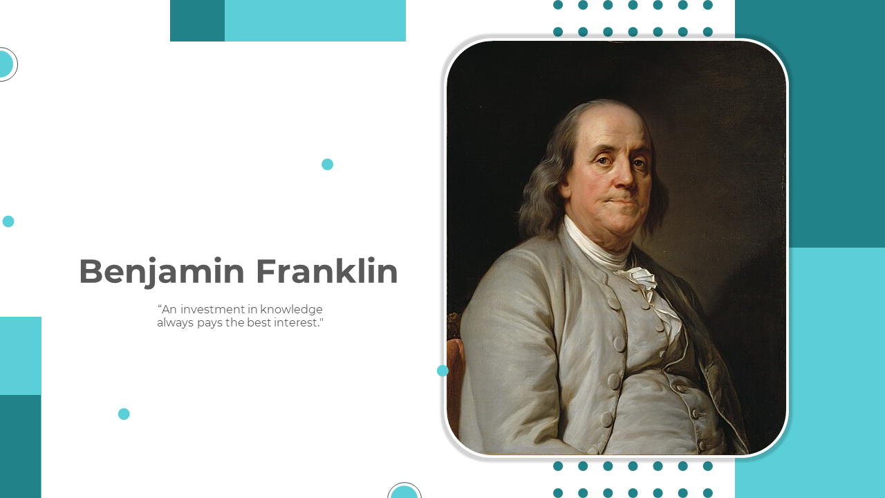 A pack of Benjamin Franklin slides featuring a portrait and sections on his early life, contributions, and legacy.