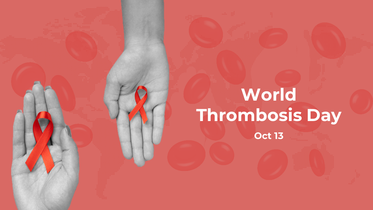 Red-themed graphic for world thrombosis day slide deck with ribbons and background blood cell pattern.