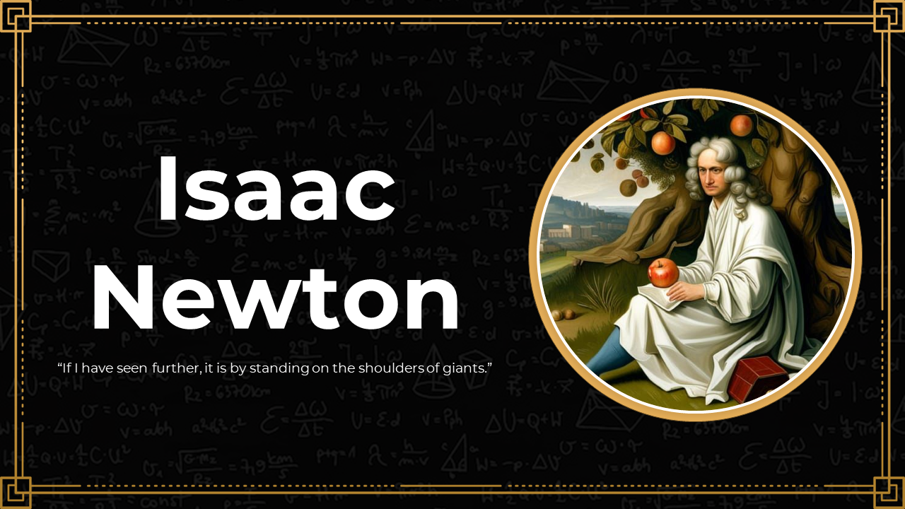 Isaac Newton slides with black and gold accents, covering his early life, laws of motion, and contributions to science.