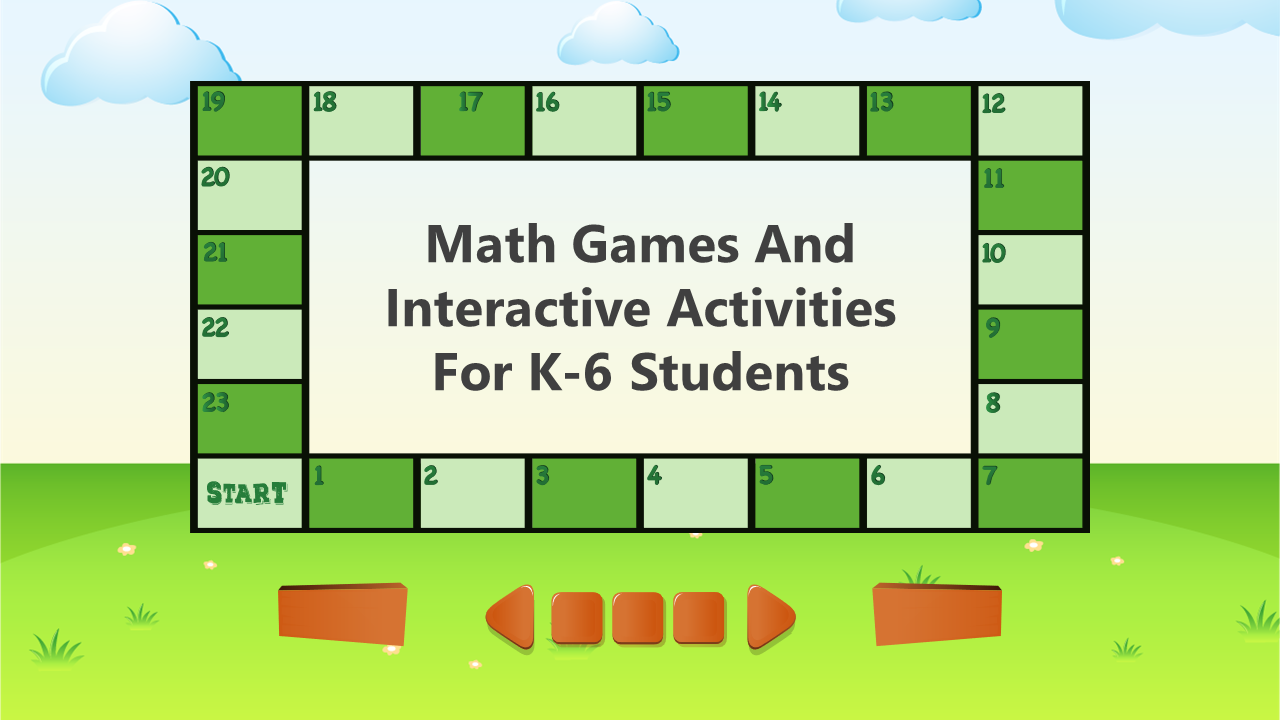 Slides featuring math games and activities designed for K 6 students, including levels and tasks on various layouts.