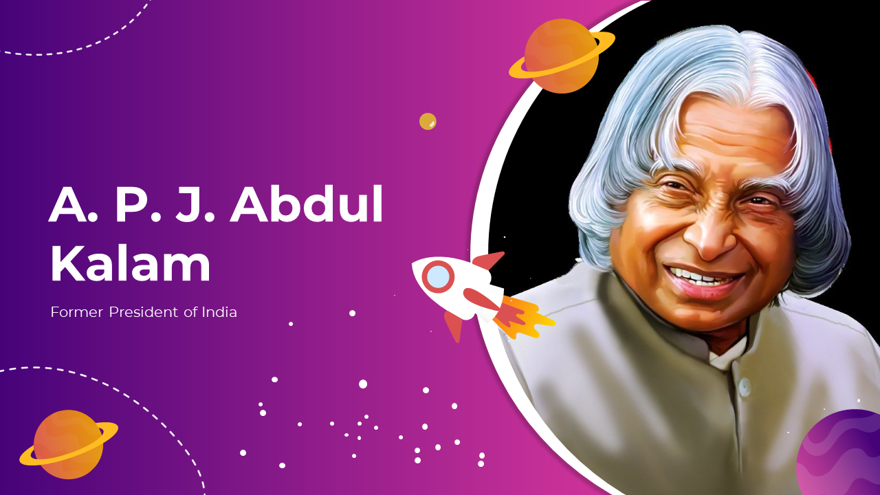 A.P.J. Abdul Kalam slide pack covering his life, presidency, scientific career, and legacy, with purple gradient background.