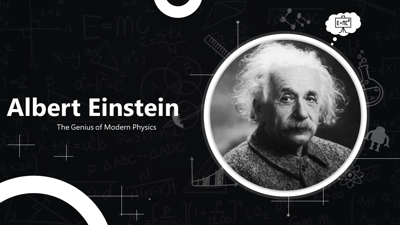 Albert Einstein slide deck with black and white images, highlighting his life, education, and scientific contributions.