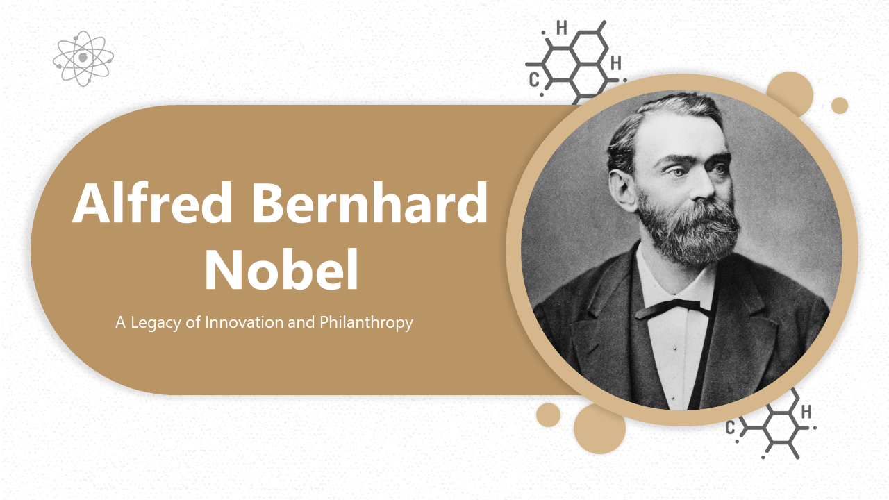 Alfred nobel slides featuring a portrait of Alfred Nobel alongside key details about his life and legacy.