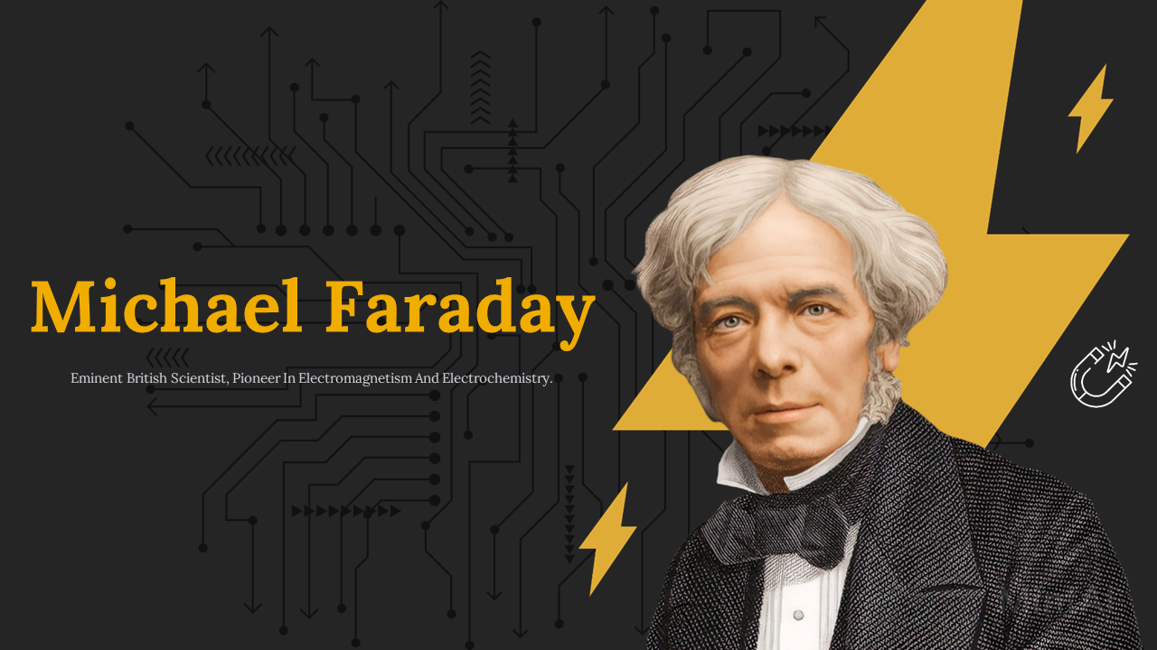 Michael Faraday slide deck displaying his portrait, detailing his life and achievements with yellow and black design.