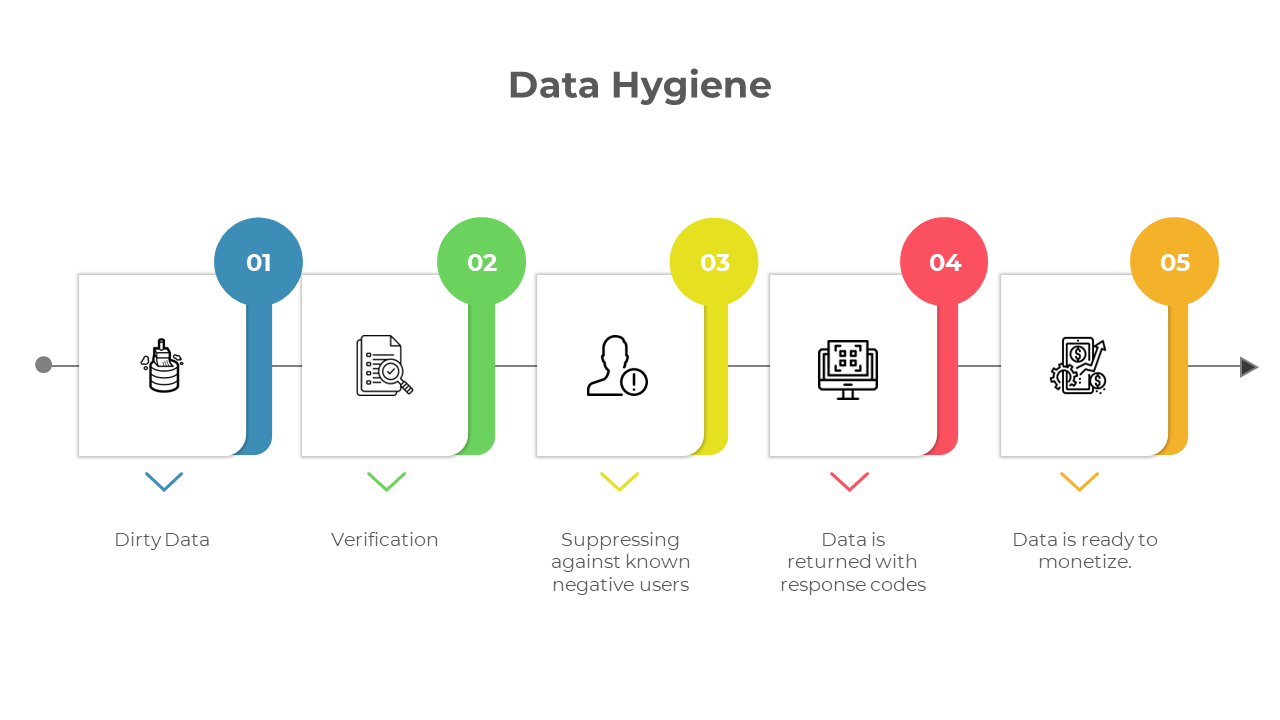 A flowchart slides illustrating the data hygiene process with steps in different layout designs accompanied by icons.